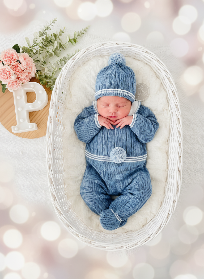 Conjunto Pompom azul cobalto : jardineiras, camisola e gorro