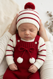 Conjunto risquinhas vermelho : jardineiras, camisola e gorro