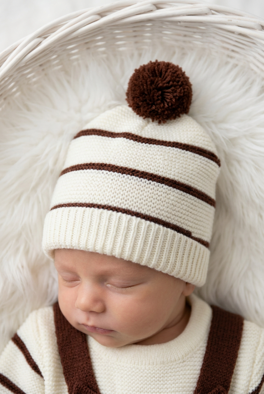 Conjunto risquinhas castanho: jardineiras, camisola e gorro