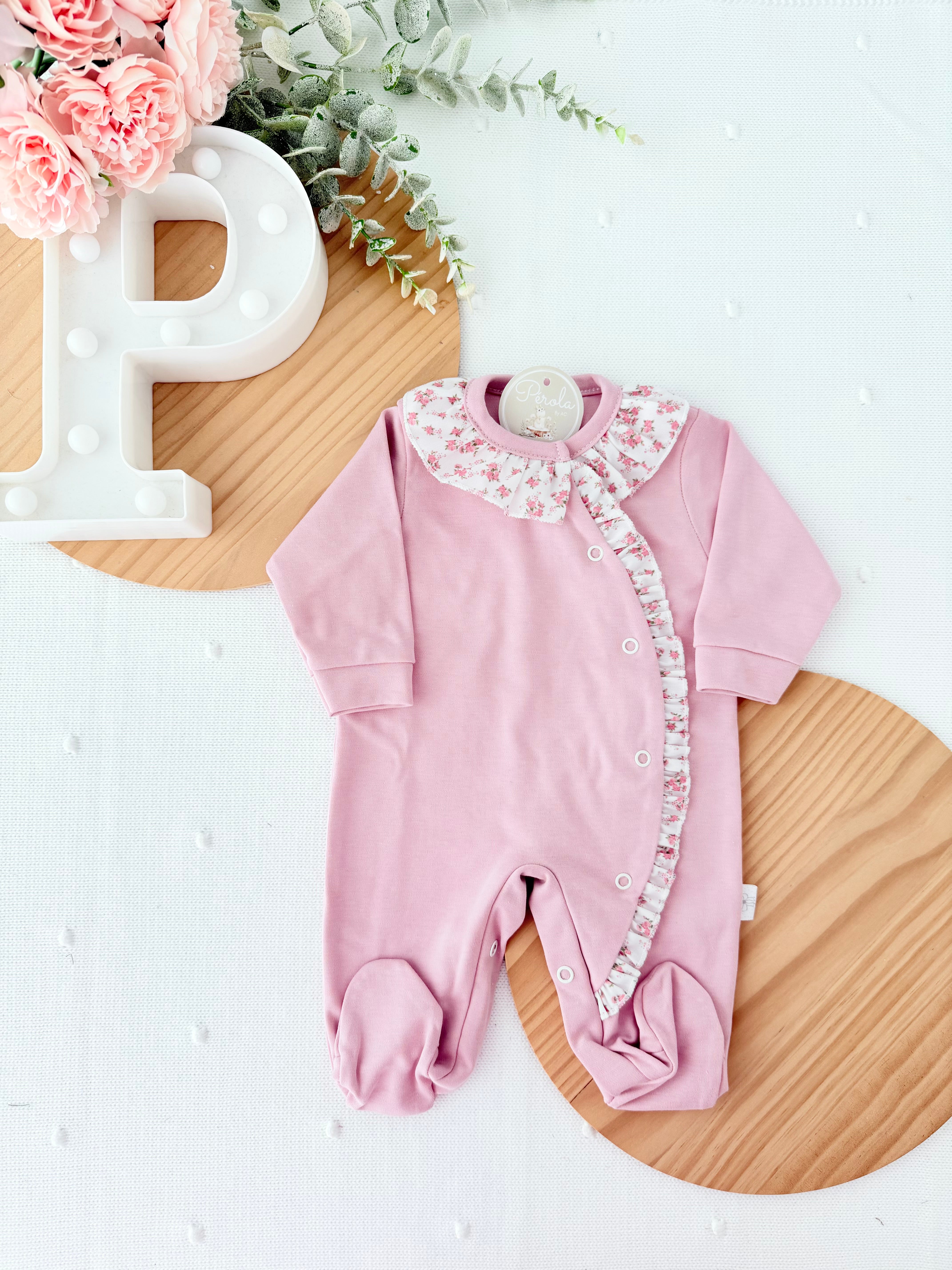 Babygrow Rosa velho tema flores em algodão