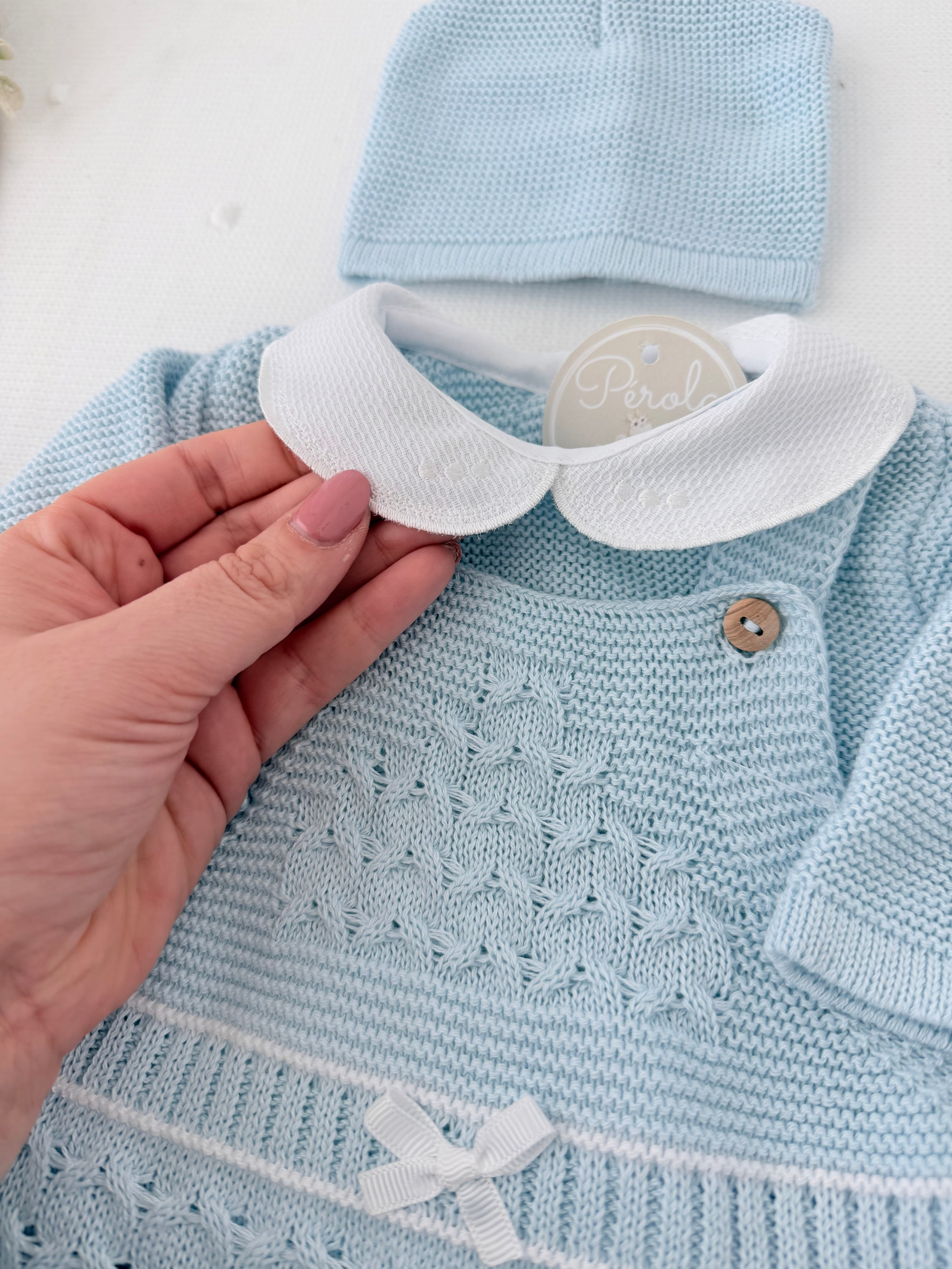 Pack saída de maternidade AZUL 5 peças: body, calças, jardineiras, camisola e gorro Primavera Verão