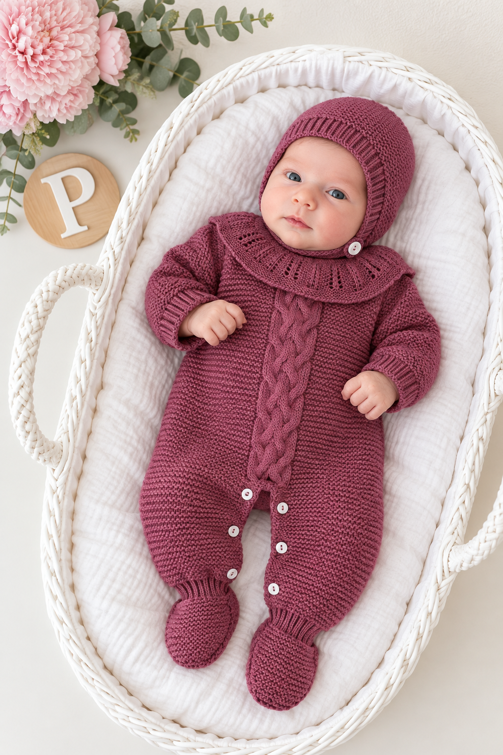 Babygrow e touca em beringela- saída de maternidade