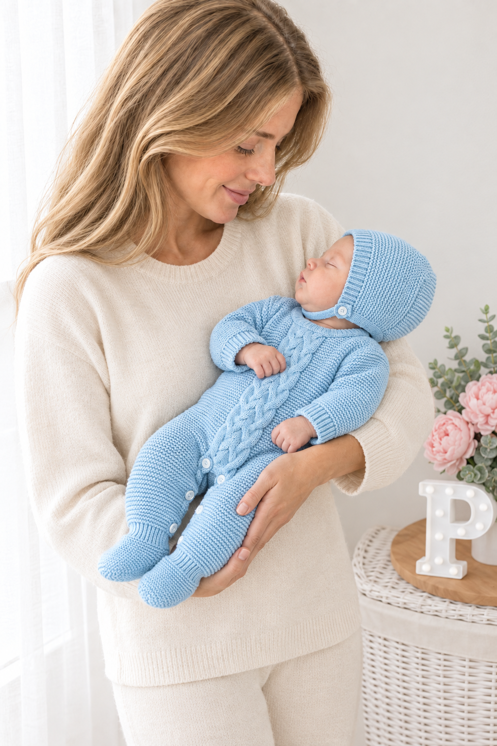 Babygrow e touca azul- saída de maternidade