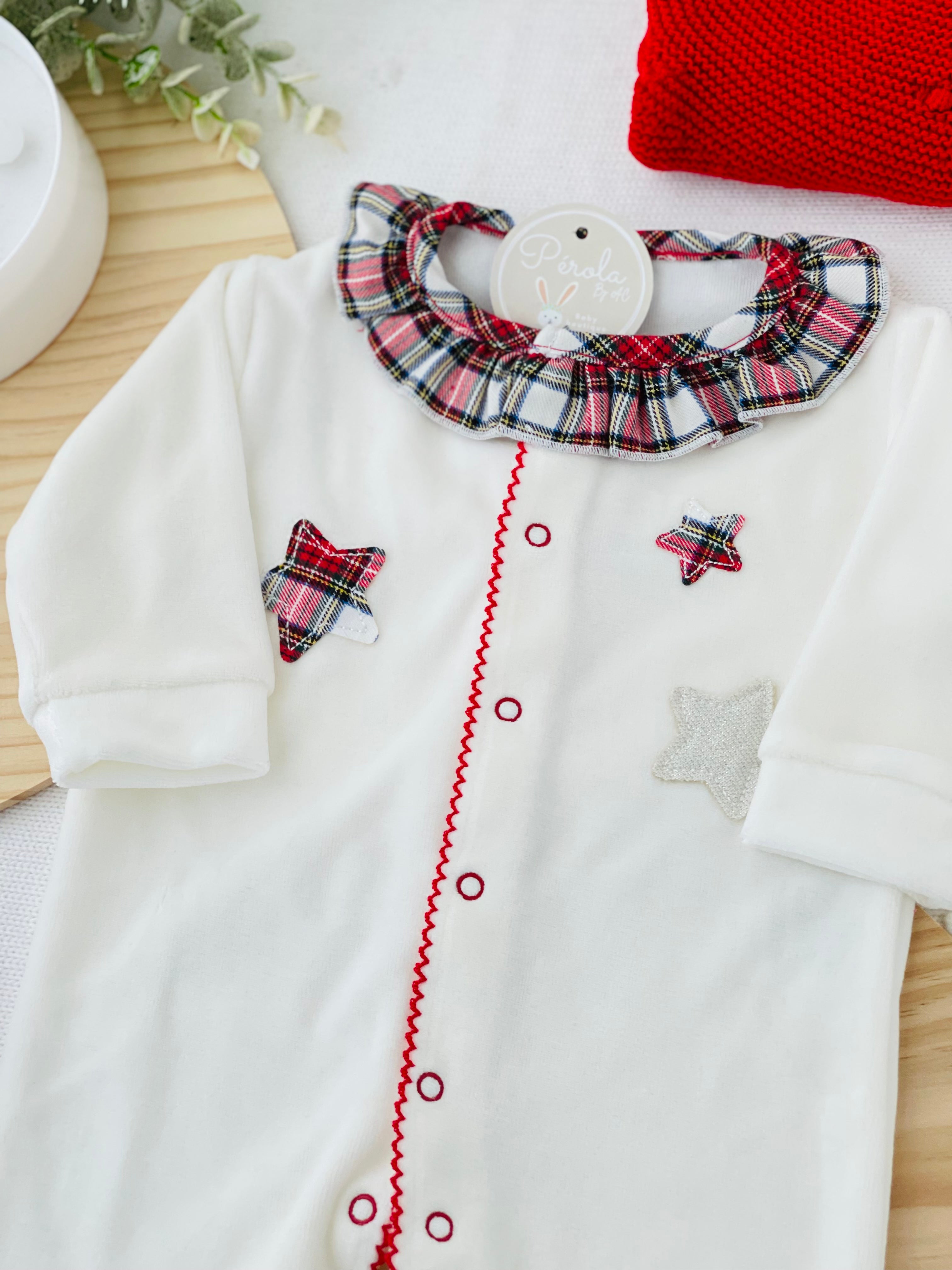 Babygrow Branco Estrelas GOLA REDONDA- xadrez Premium