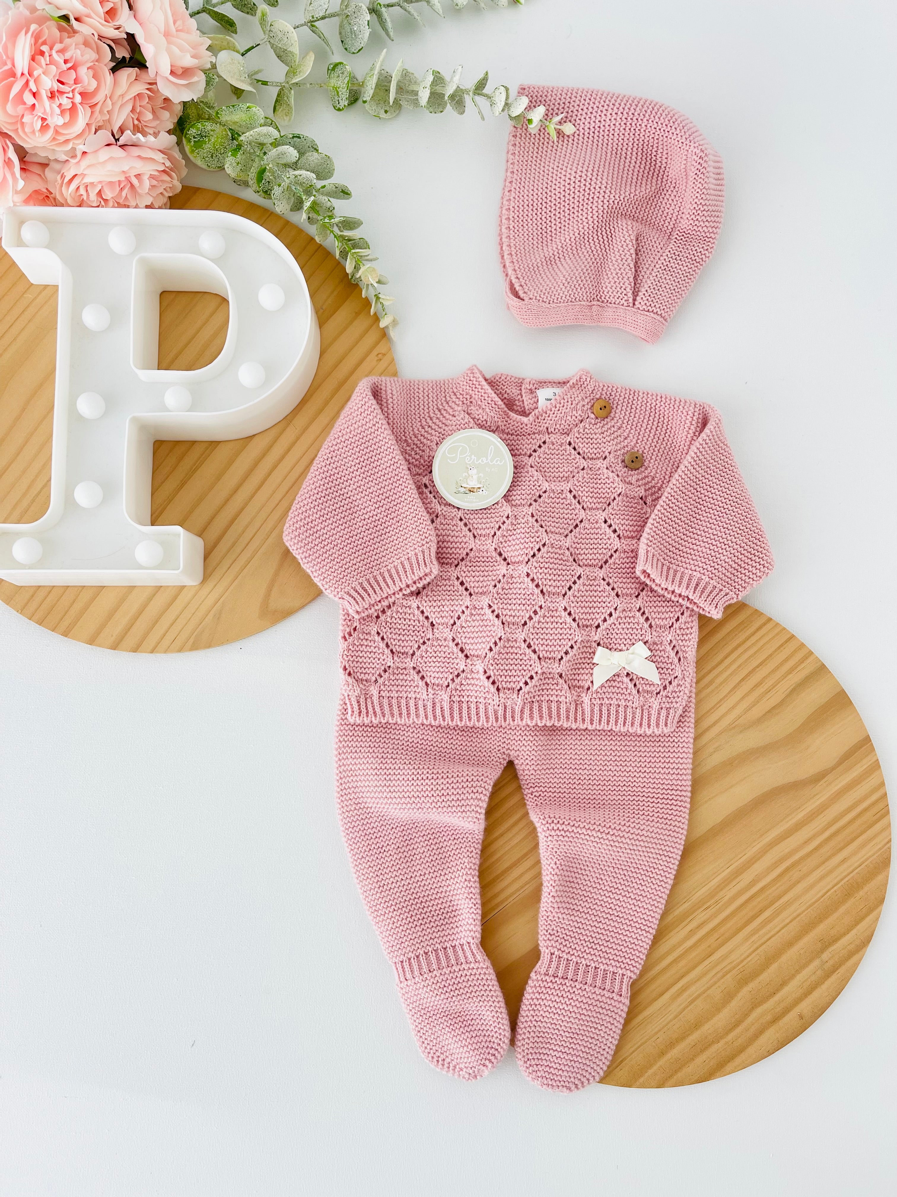 Conjunto malha colmeia para recém nascidos camisola, calças e touca - Outono/Inverno
