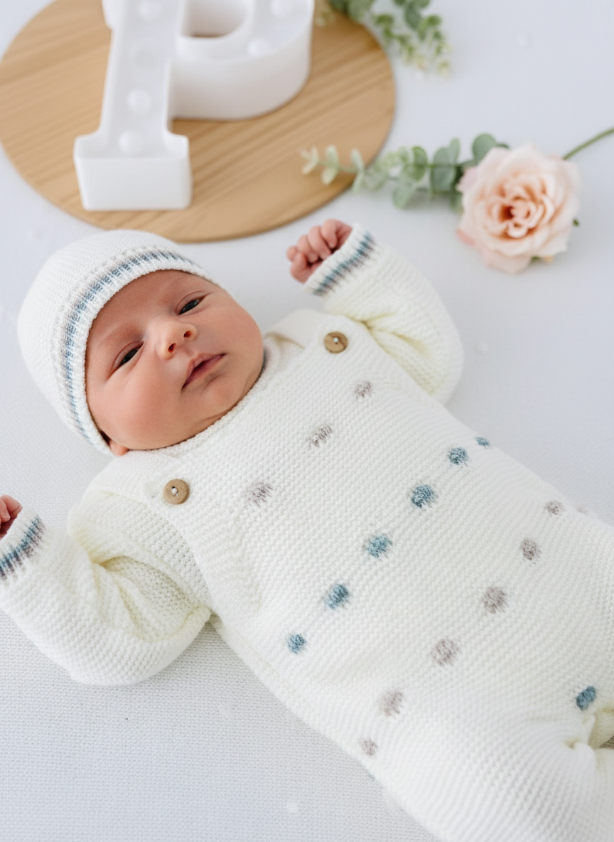 Conjunto pintas unissexo: jardineiras, camisola e gorro