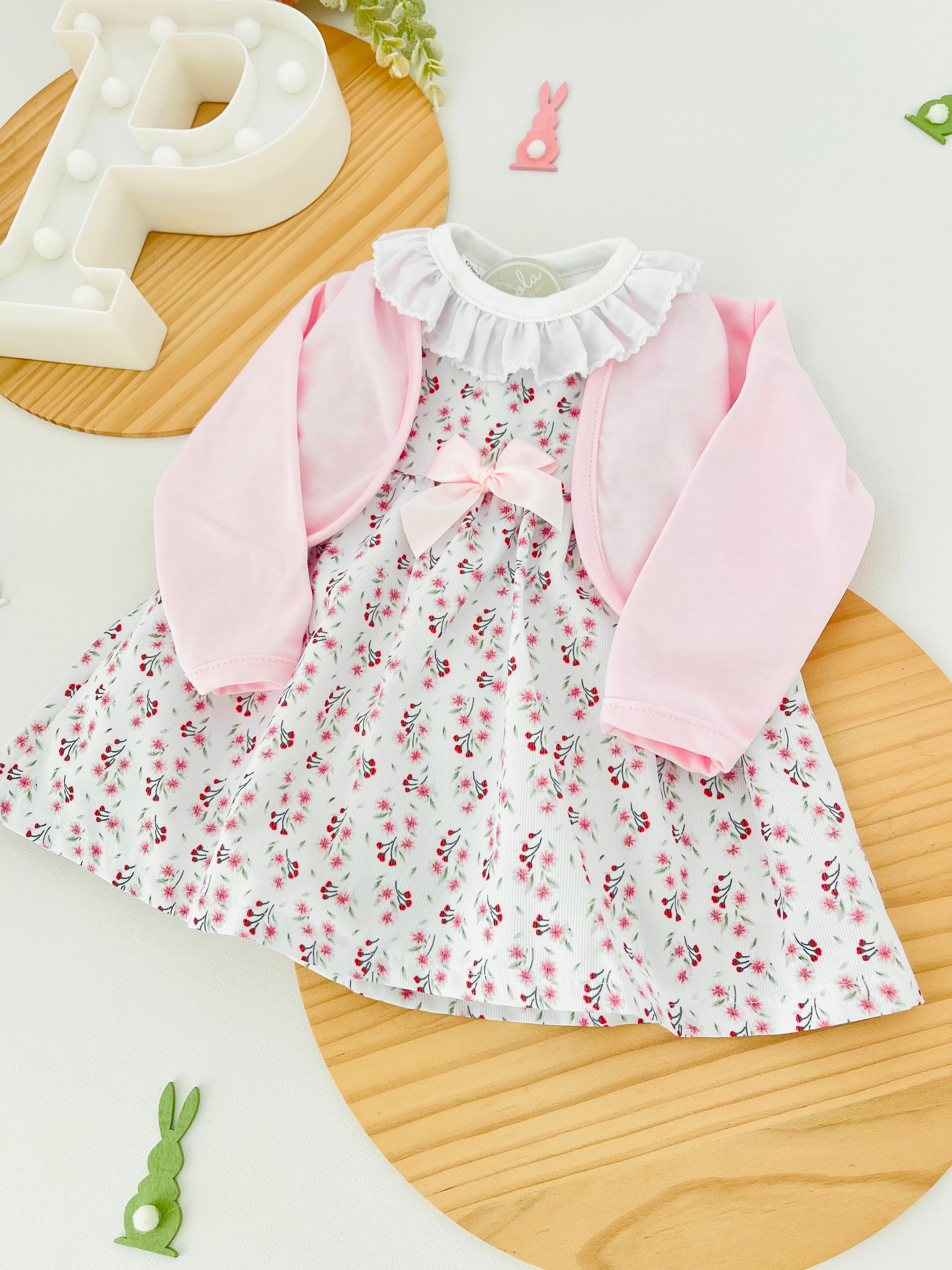 Conjunto algodão: casaco, vestido e camisola com golinha