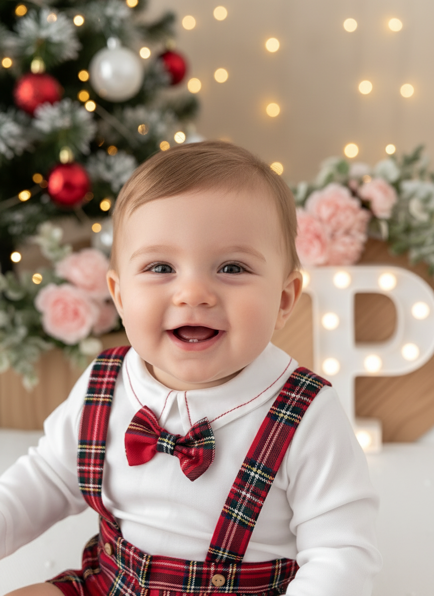 Conjunto xadrez vermelho menino Natal: calções, camisa em flanela e laço xadrez 2.0