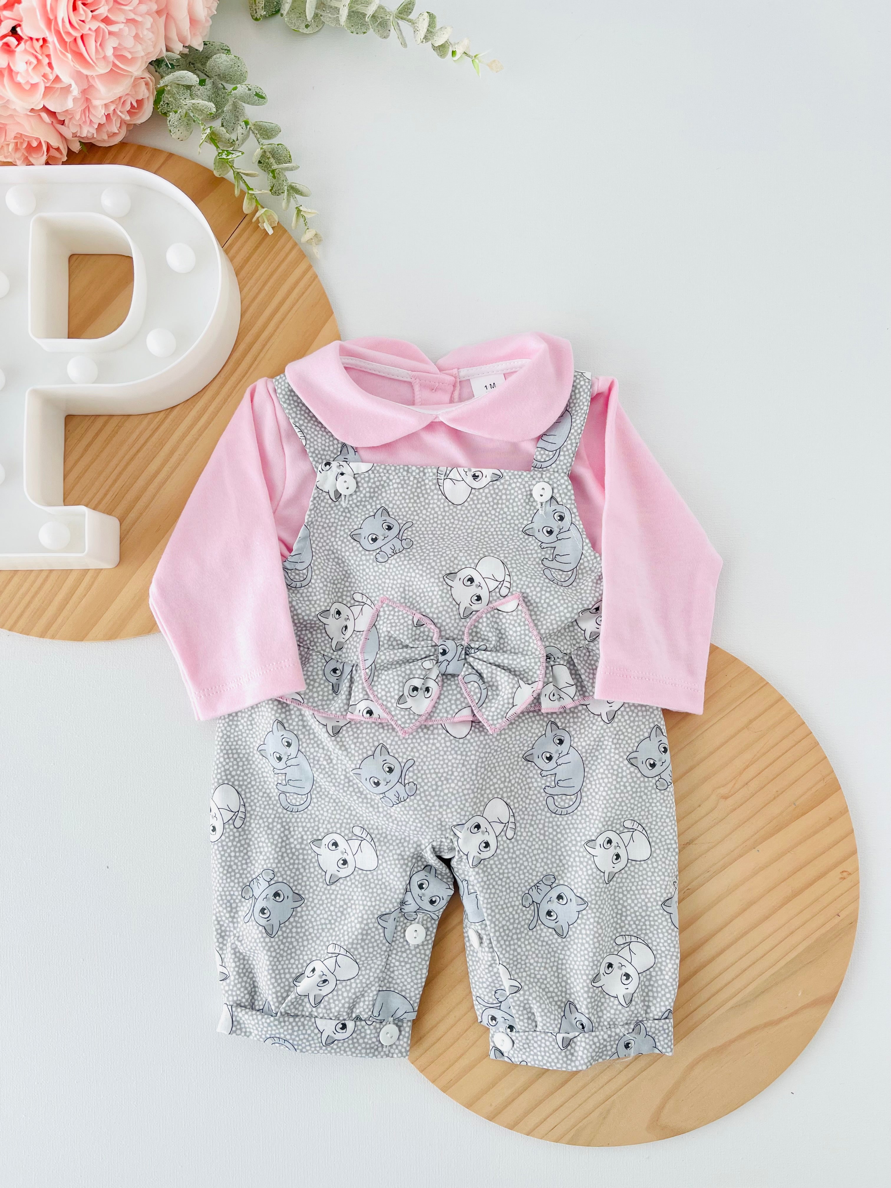 Conjunto gatinhos: Jardineiras e camisola