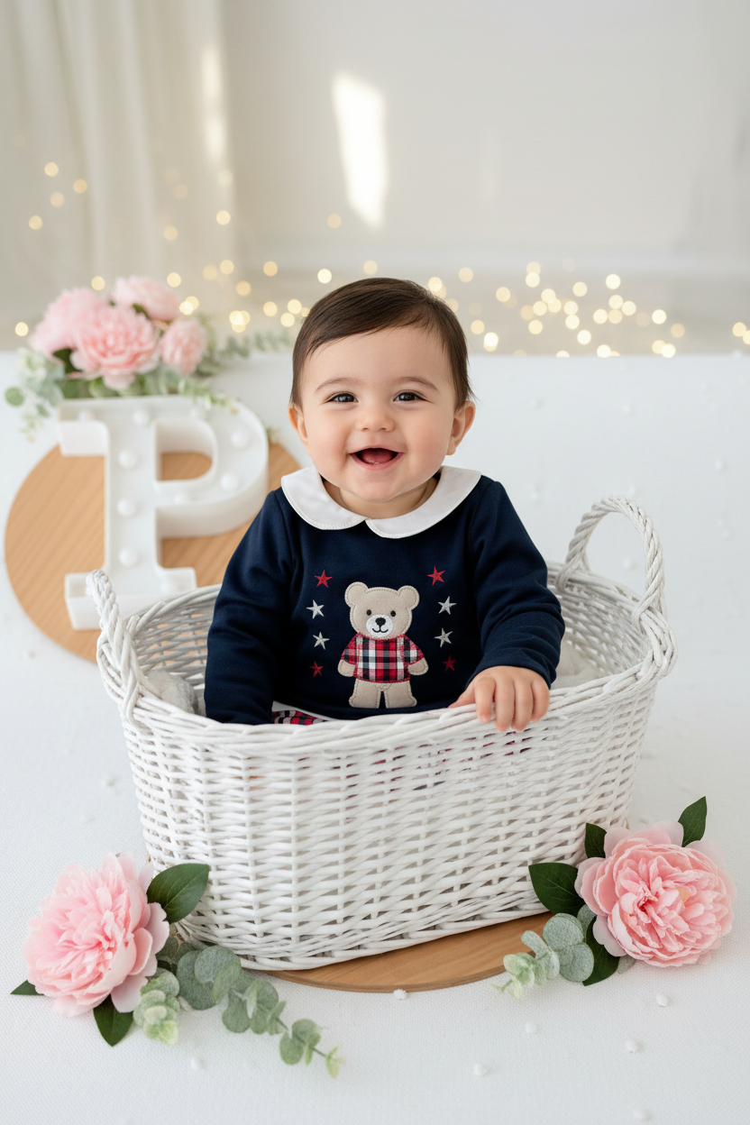 Conjunto ursinho xadrez: calções e camisola