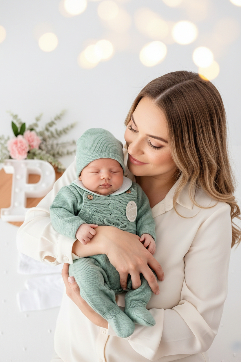 Pack saída de maternidade verde 5 peças: body, calças, jardineiras, camisola e gorro