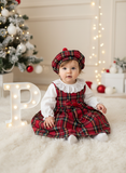 Conjunto Menina Tartan Vermelho e Preto - Vestido, Blusa e Bóina