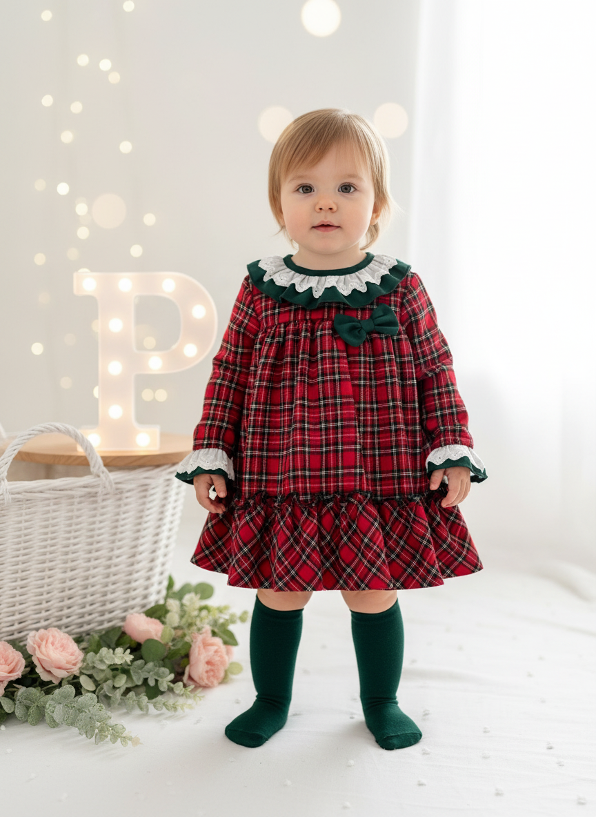 Vestido tartan com detalhes em verde