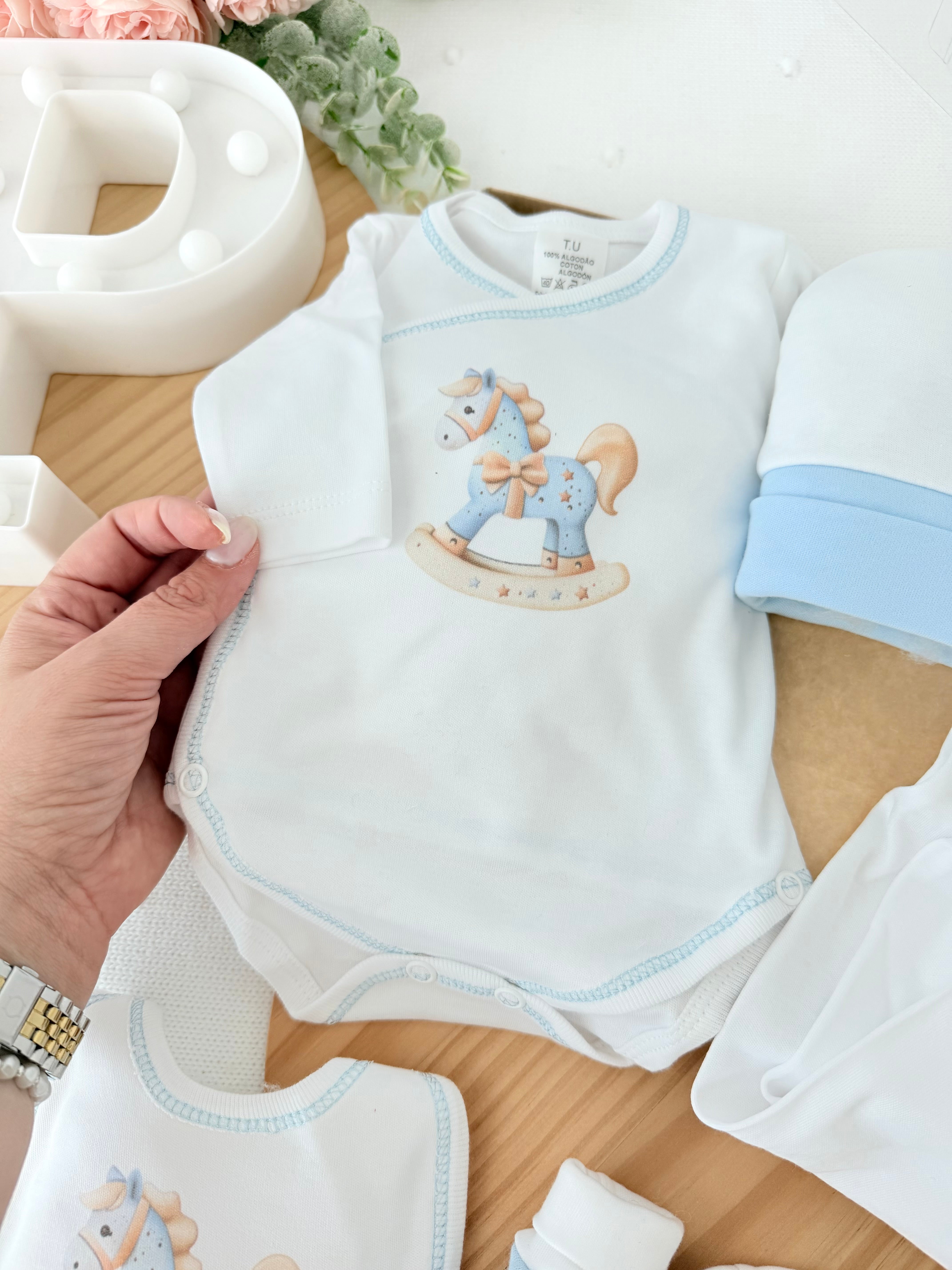 Pack interiores cavalinho: body, calças, gorro, luvas e babete