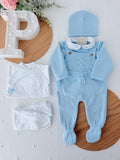 Pack saída de maternidade Azul 5 peças: body, calças, jardineiras, camisola e gorro