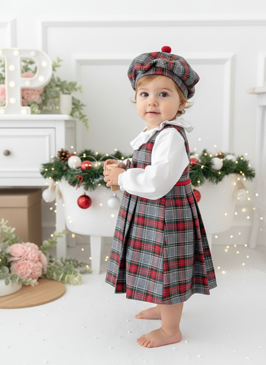 Conjunto Menina Tartan Vermelho e cinza - Vestido, Blusa e Bóina