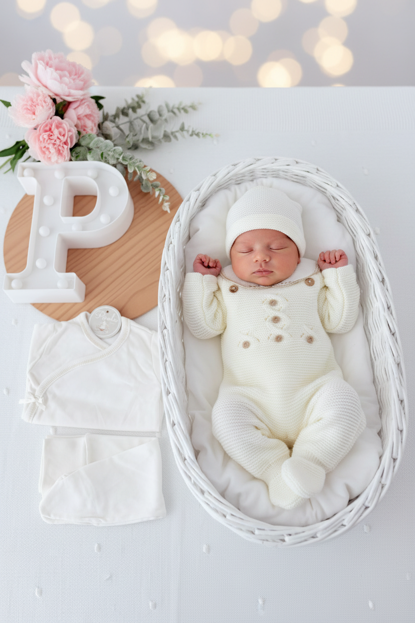 Pack saída de maternidade Pérola 5 peças: body, calças, jardineiras, camisola e gorro