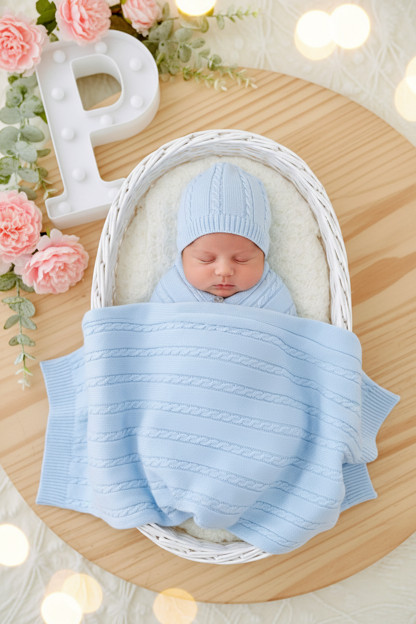 Baby Box AZUL- Pack Saída de maternidade 4 peças(manta, babygrow, gorro e carapins)