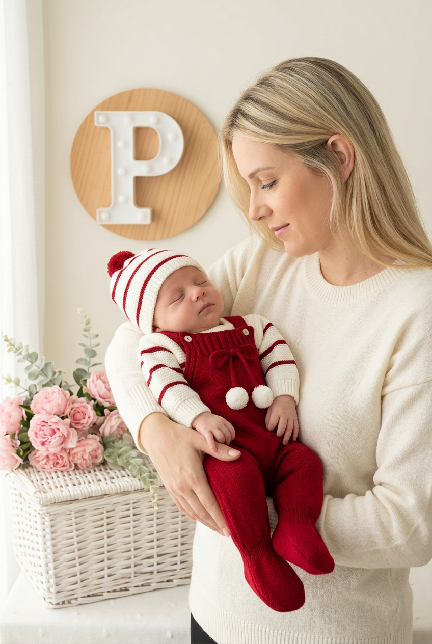 Conjunto risquinhas vermelho : jardineiras, camisola e gorro
