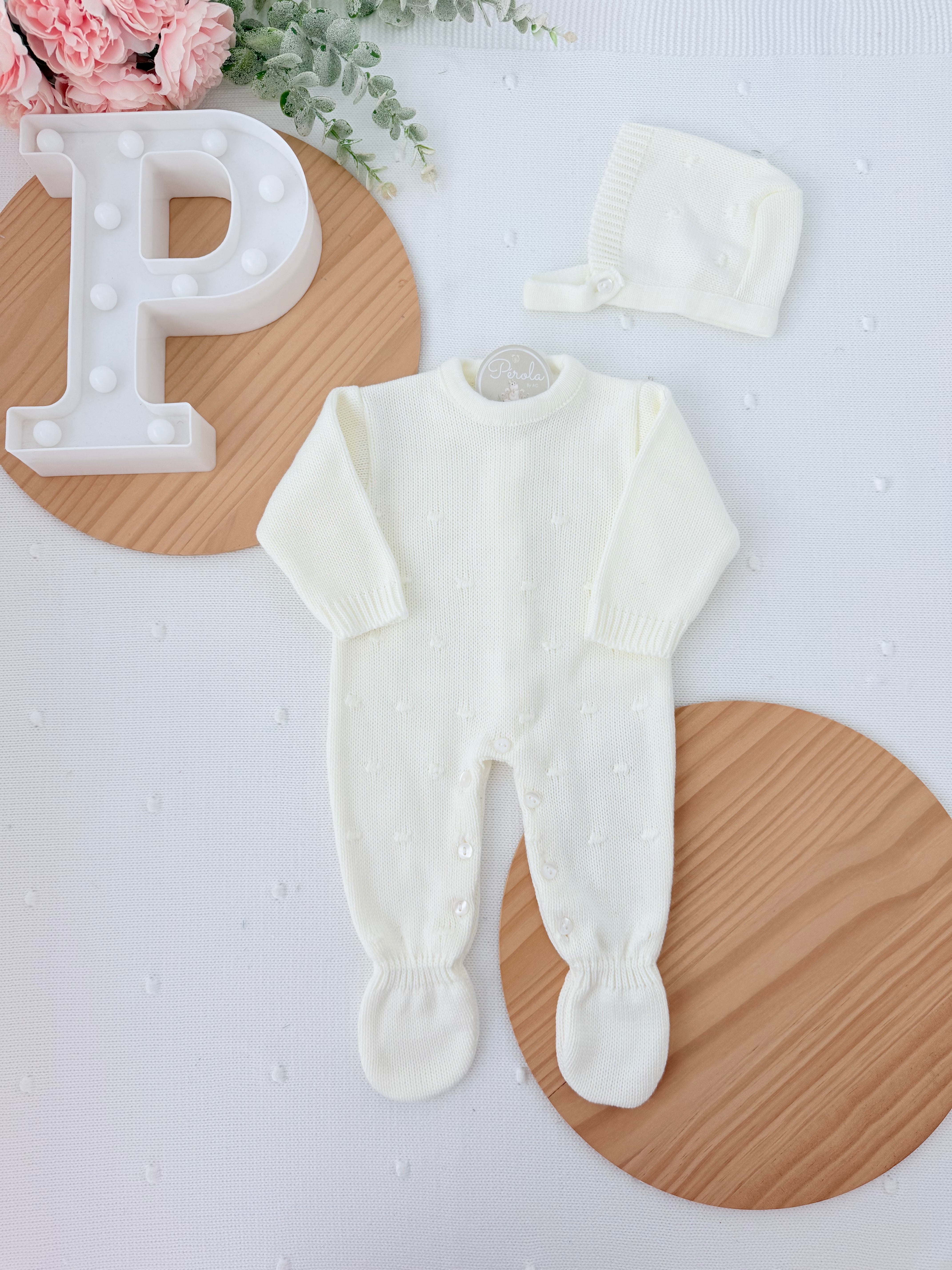 Babygrow e touca pérola em malha Outono Inverno
