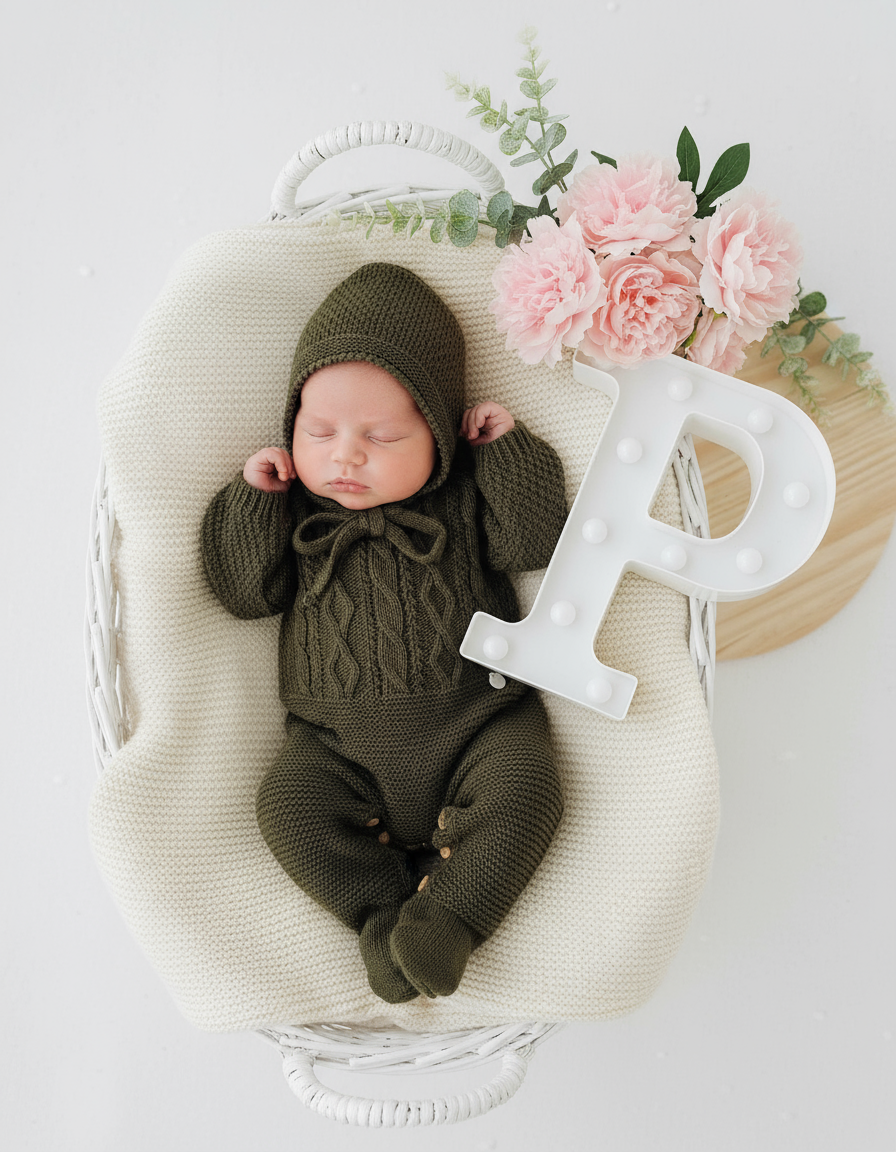 Saída de maternidade verde: Babygrow e touca