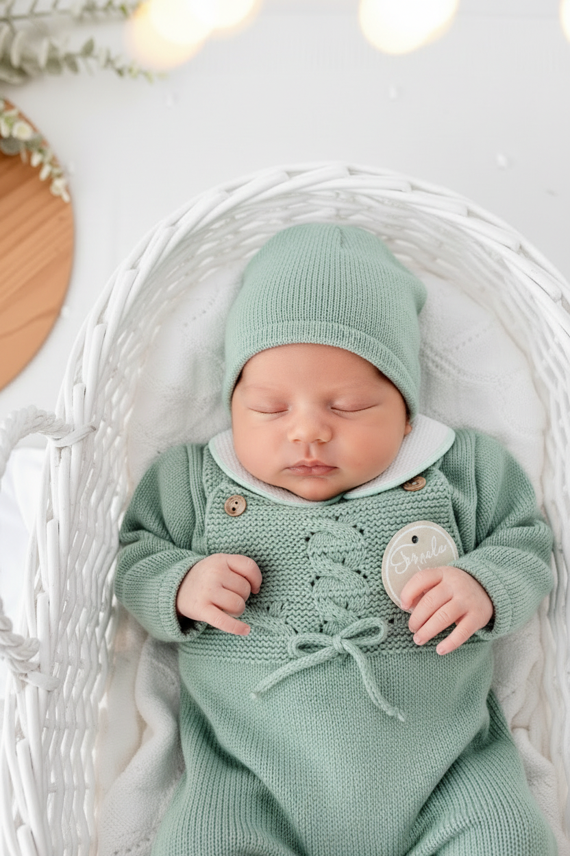 Pack saída de maternidade verde 5 peças: body, calças, jardineiras, camisola e gorro