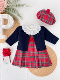 Conjunto Menina Tartan Vermelho e azul- Vestido, Blusa e Boina Natalícia