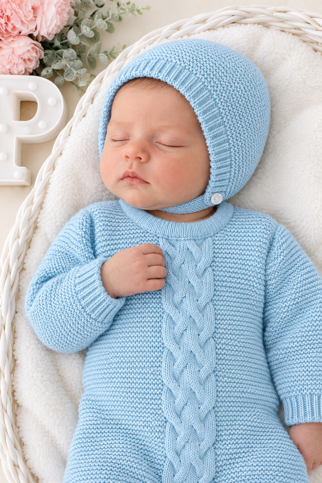 Babygrow e touca azul- saída de maternidade