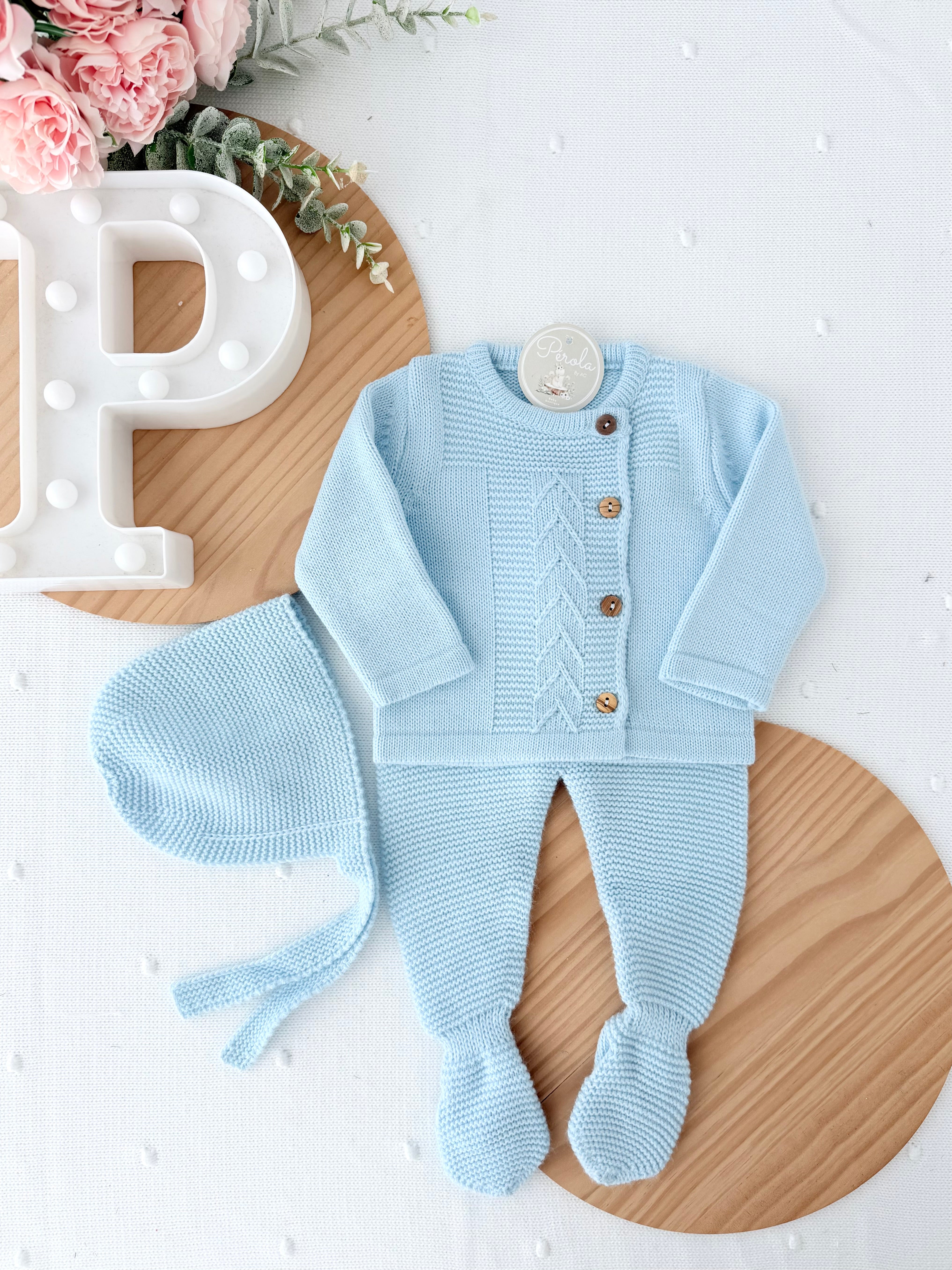 Conjunto em malha quentinha para bebés: casaco, calças e touca