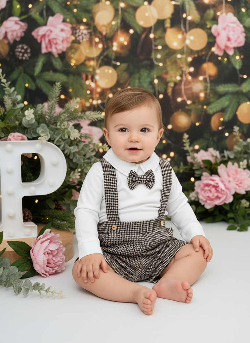 Conjunto xadrez castanho  menino: calções, camisa e laço xadrez