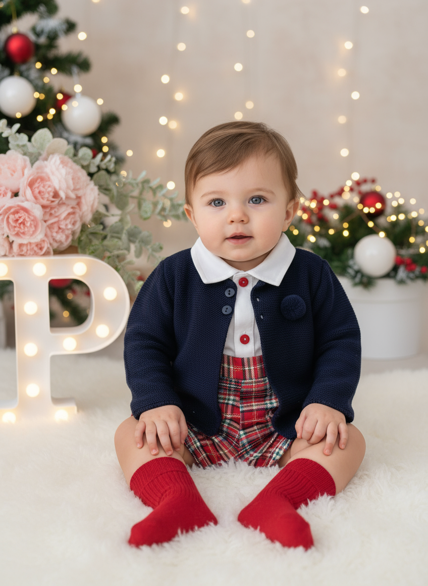 Conjunto menino xadrez vermelho e verde: Calções com alças e camisa