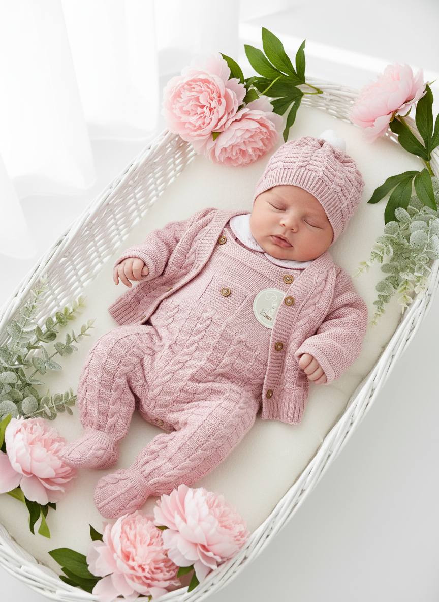 Saída de maternidade Aconchego 4 peças: casaco, jardineiras, camisola e gorro