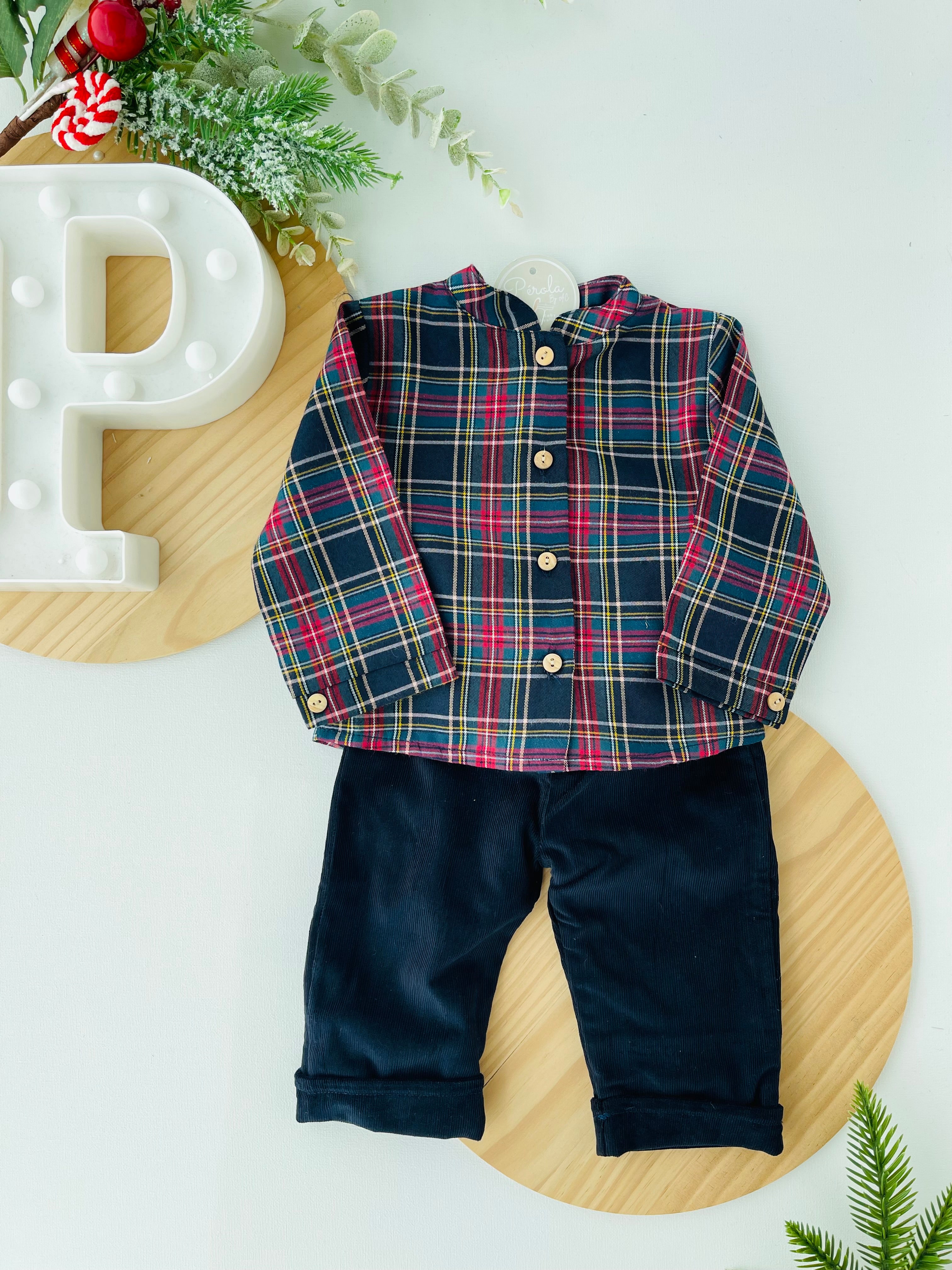 Conjunto xadrez: calças bombazine e camisa