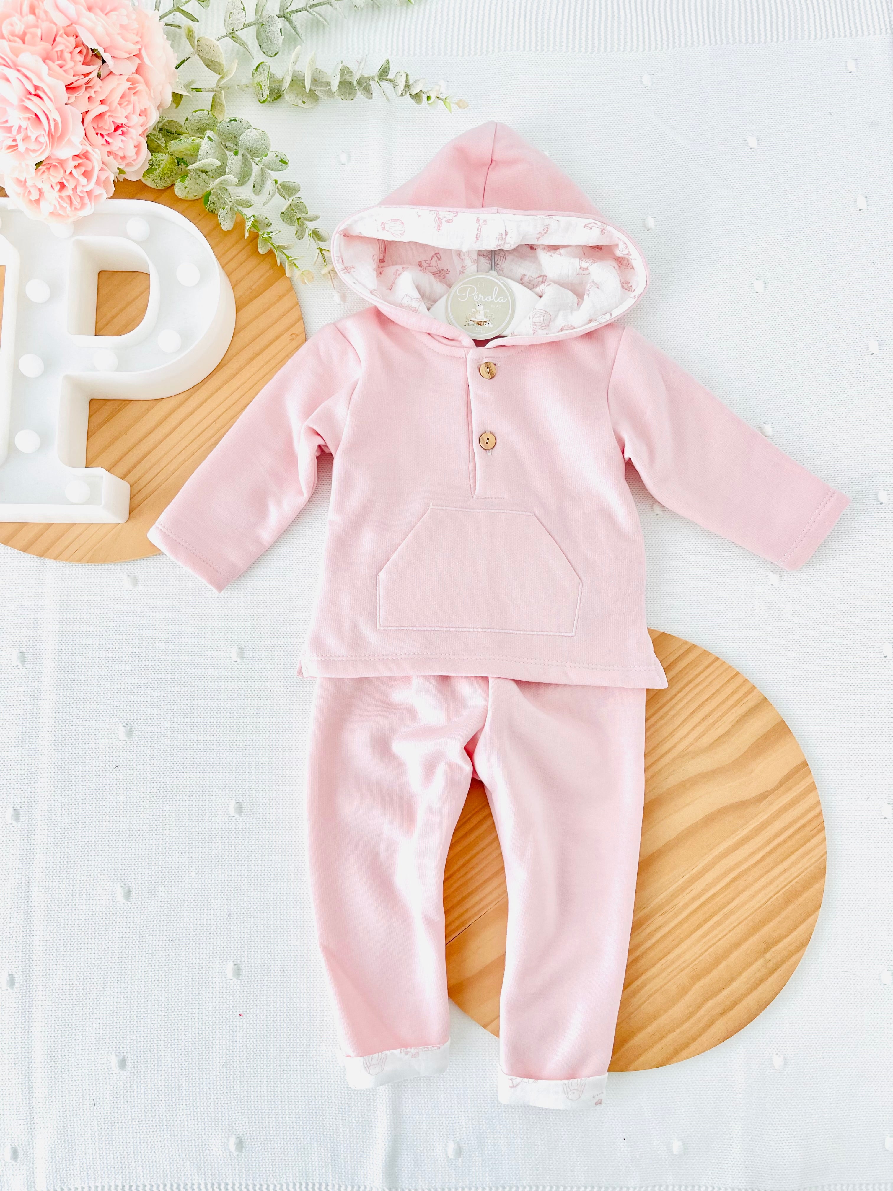 Fato de Treino Rosa com Capuz - Conjunto Cardado Quentinho (3-36m)