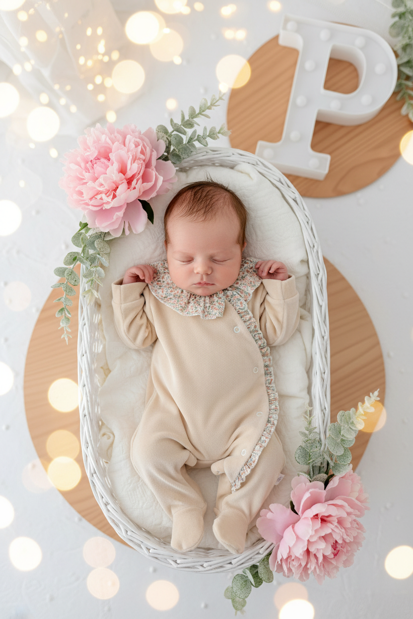Babygrow tema flores em VELUDO bege