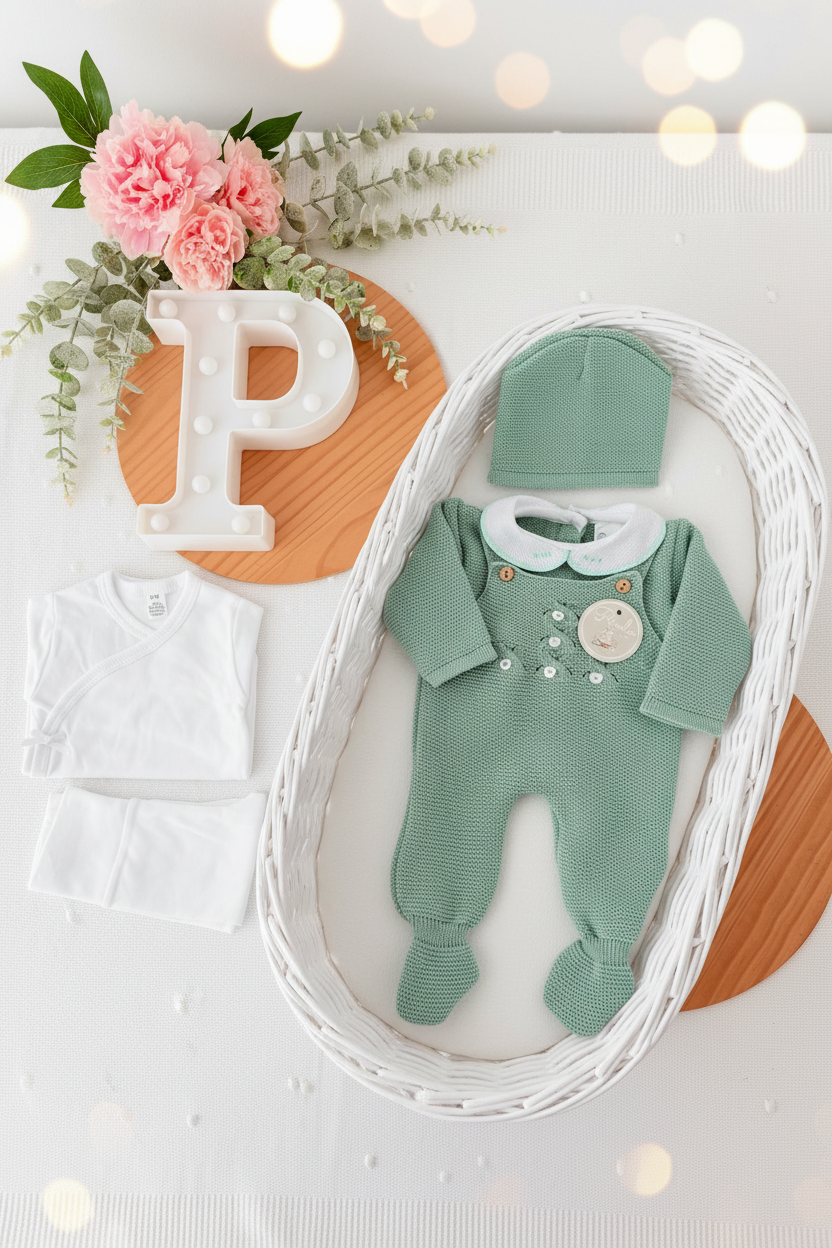 Pack saída de maternidade verde 5 peças: body, calças, jardineiras, camisola e gorro