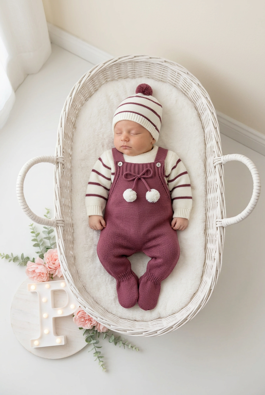 Conjunto risquinhas berinjela: jardineiras, camisola e gorro