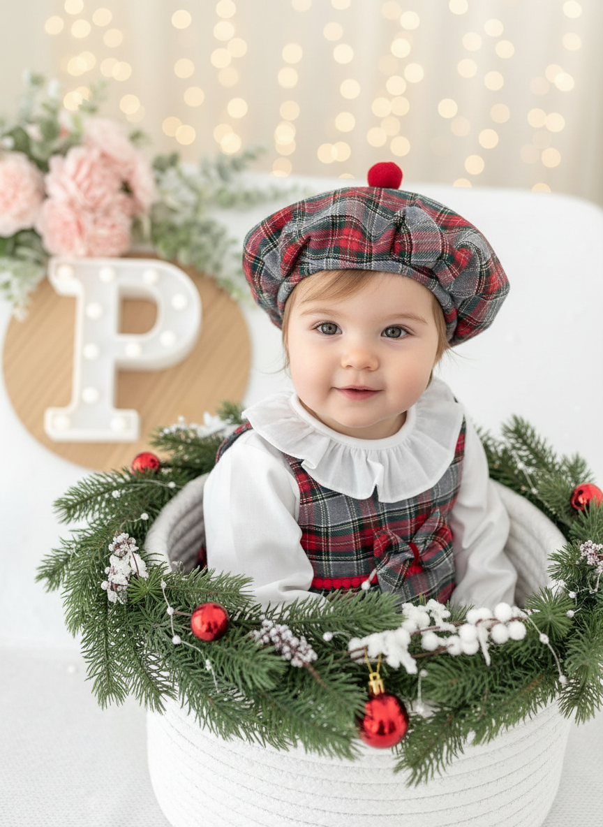 Conjunto Menina Tartan Vermelho e cinza - Vestido, Blusa e Bóina