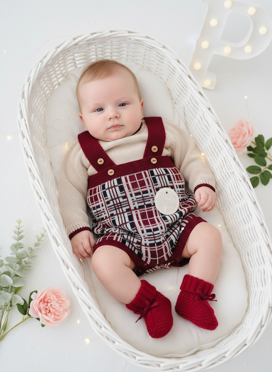 Conjunto malha xadrez: calções com suspensórios e camisola