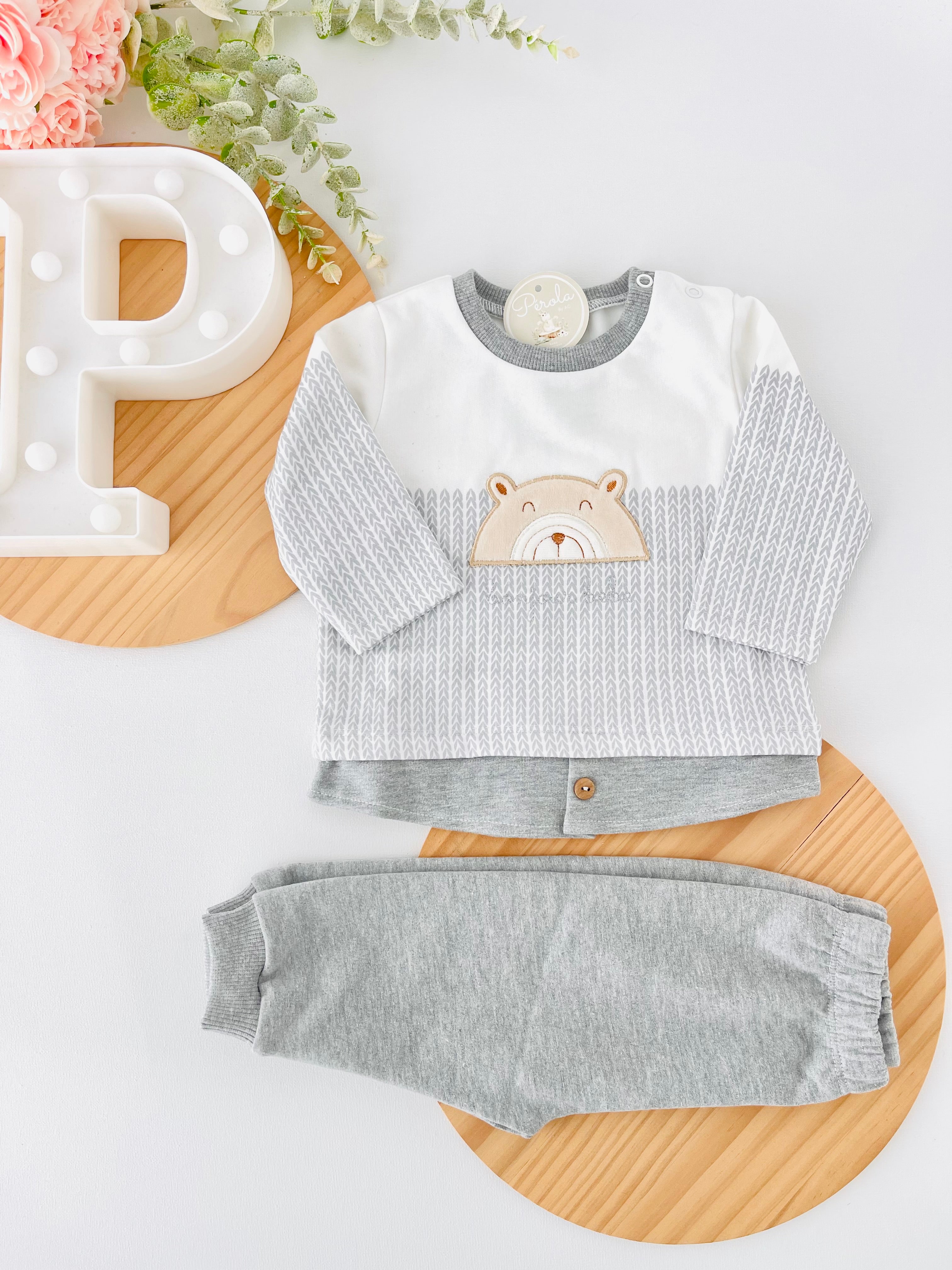 Fato de treino ursinho com efeito camisa- com carda (3-18m)