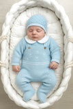 Saída de maternidade azul: jardineiras, camisola e gorro Outono/Inverno