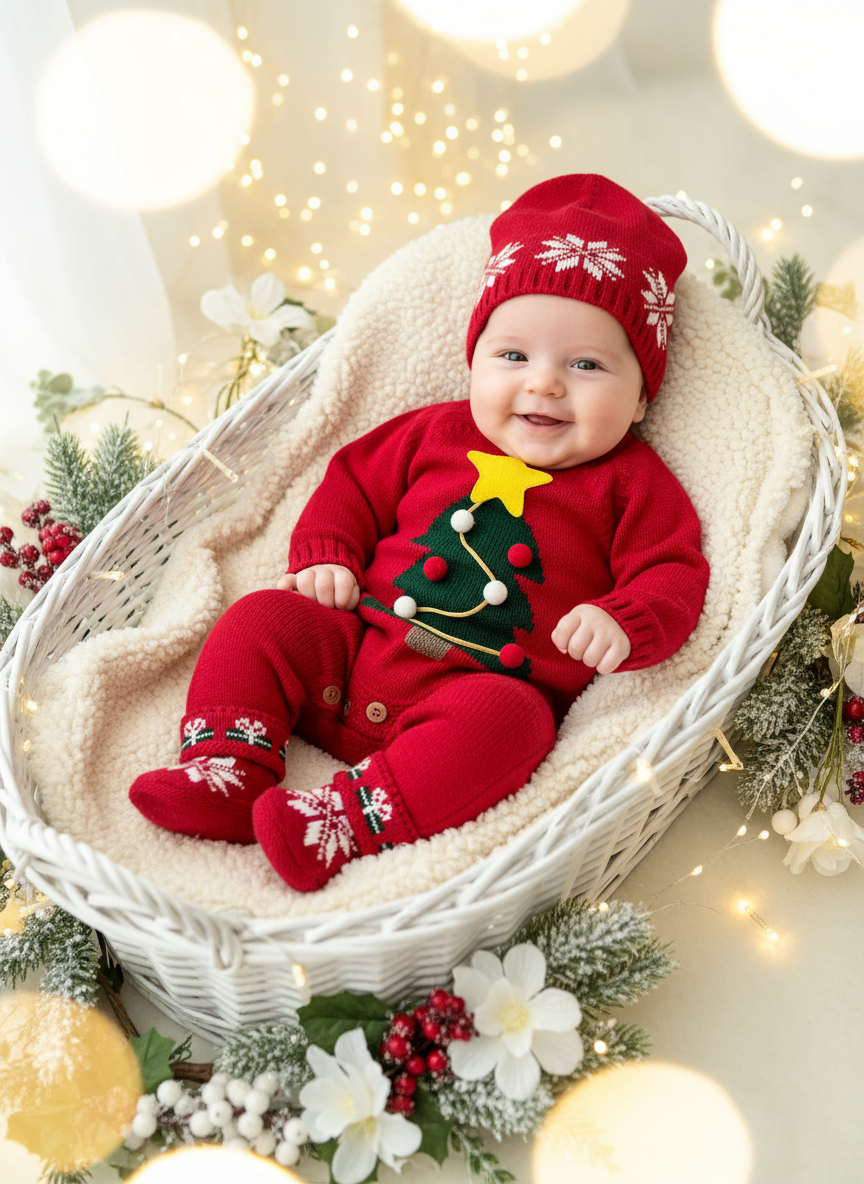 Conjunto Pinheiro de Natal: Macacão, gorro e carapins