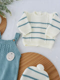 Conjunto riscas: camisola, jardineiras e gorro