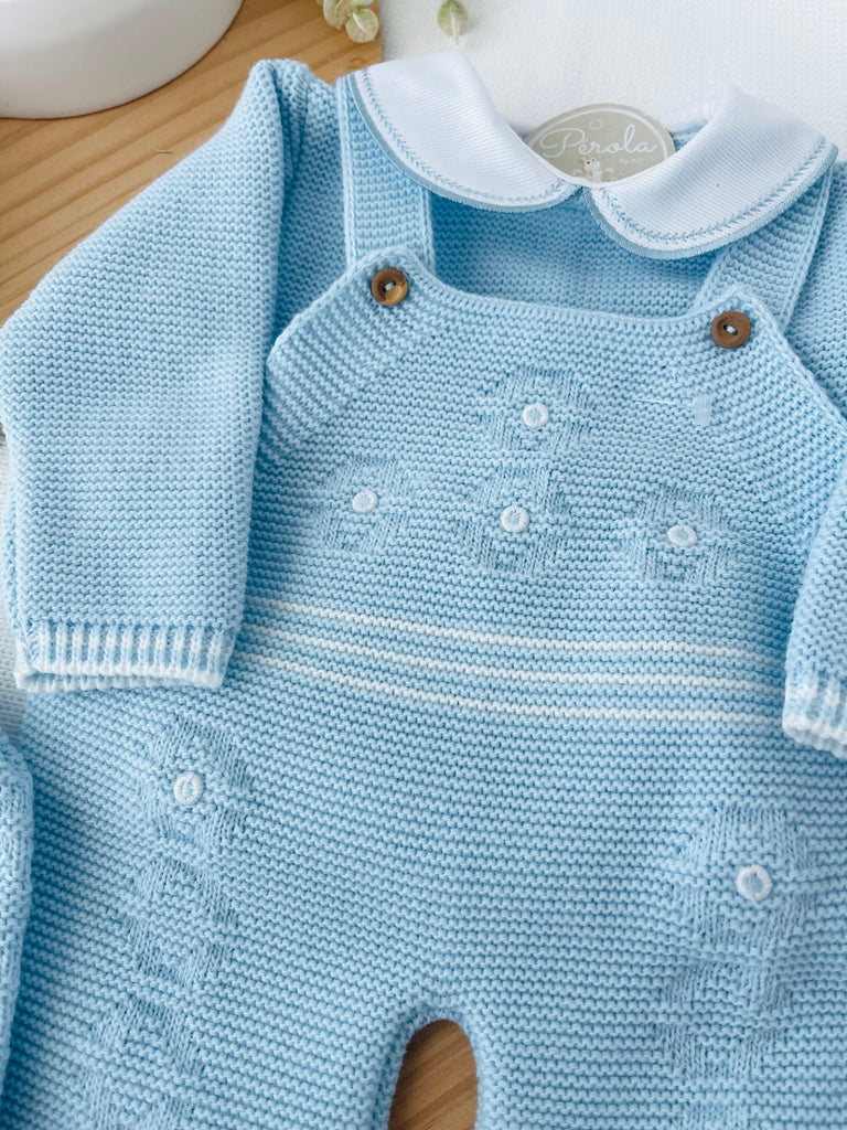 Saída de maternidade azul: jardineiras, camisola e gorro Outono/Inverno