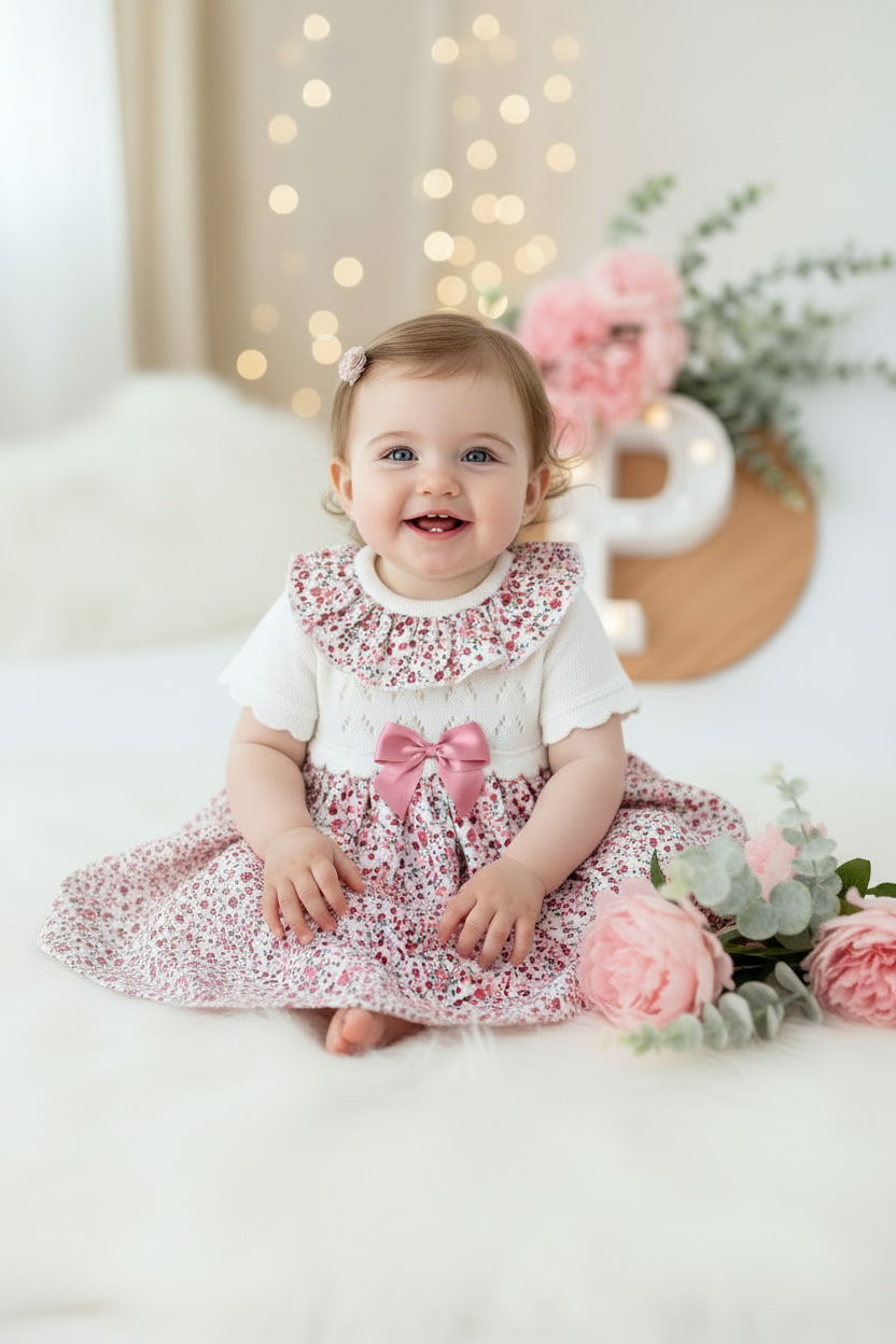 Vestido tema flores e laço 3-12M