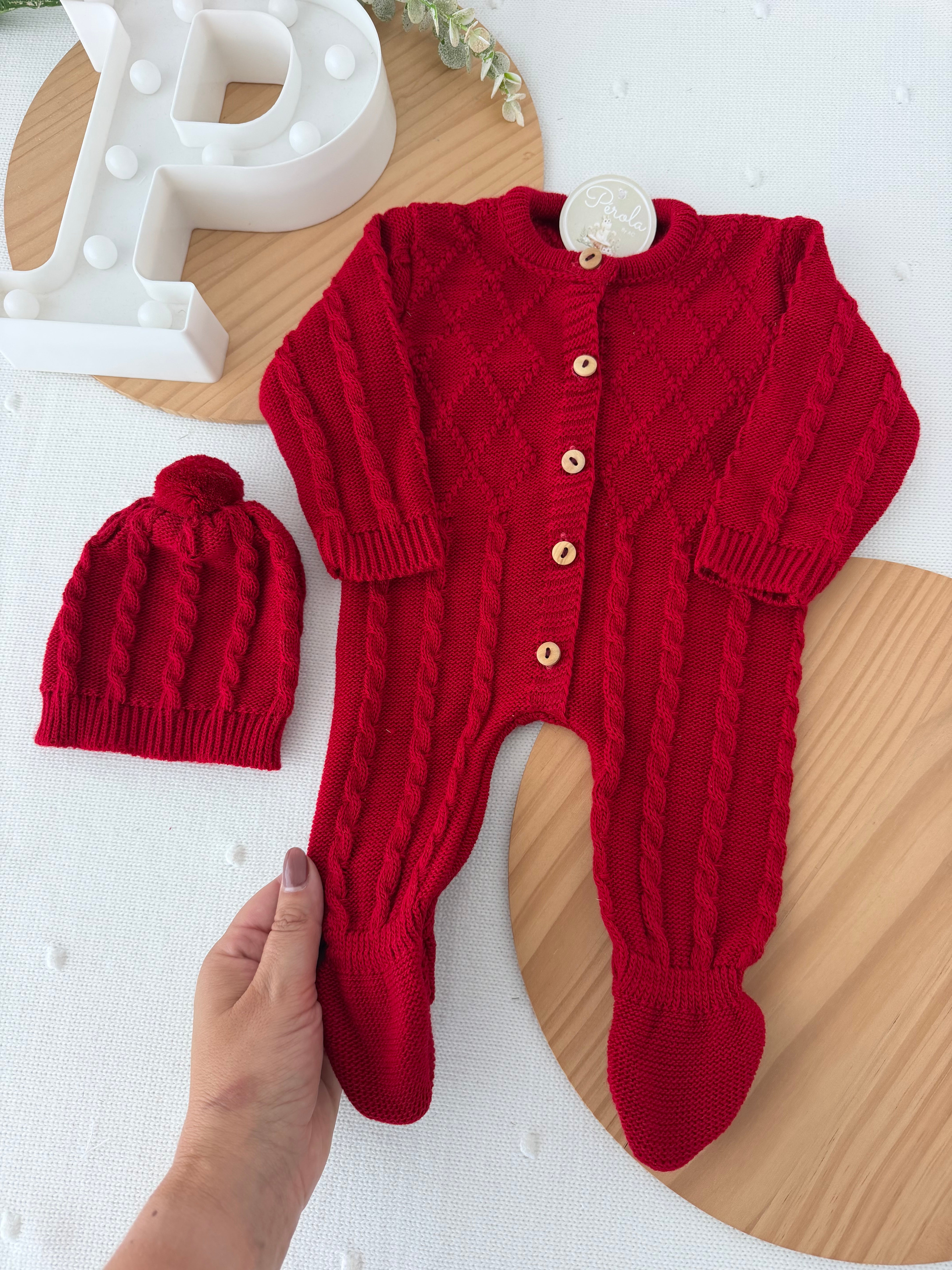 Saída de maternidade vermelho: macacão e gorro Outono Inverno