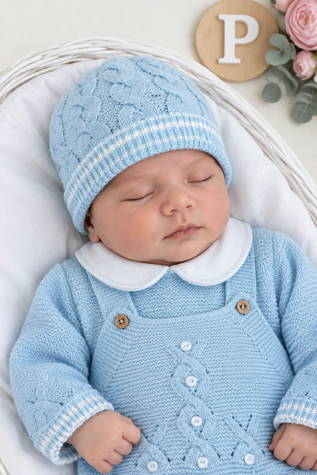 Saída de maternidade azul : jardineiras, camisola e gorro malha quentinha