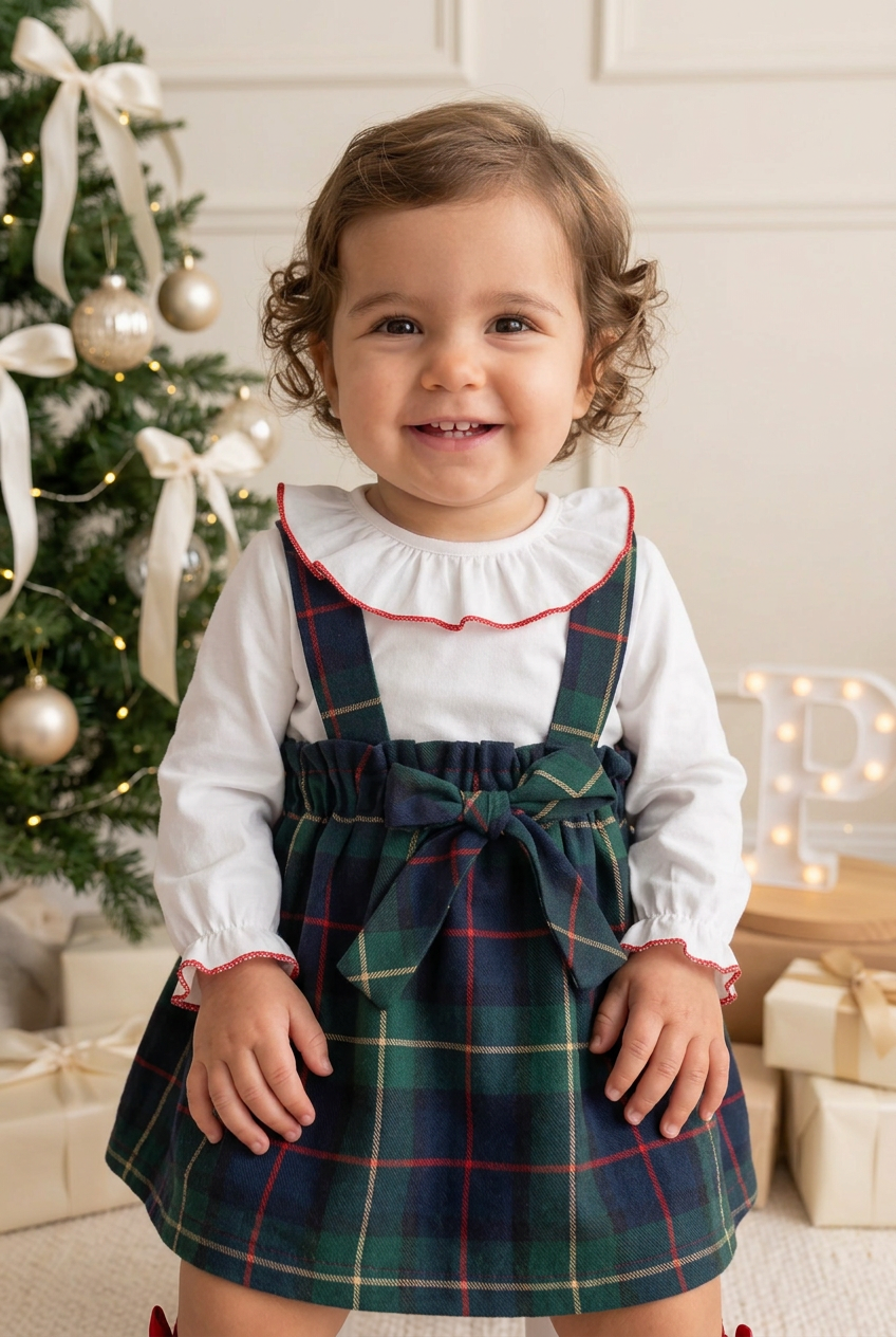 Saia com alças e blusa xadrez verde