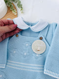 Saída de maternidade azul: jardineiras, camisola e gorro Outono/Inverno