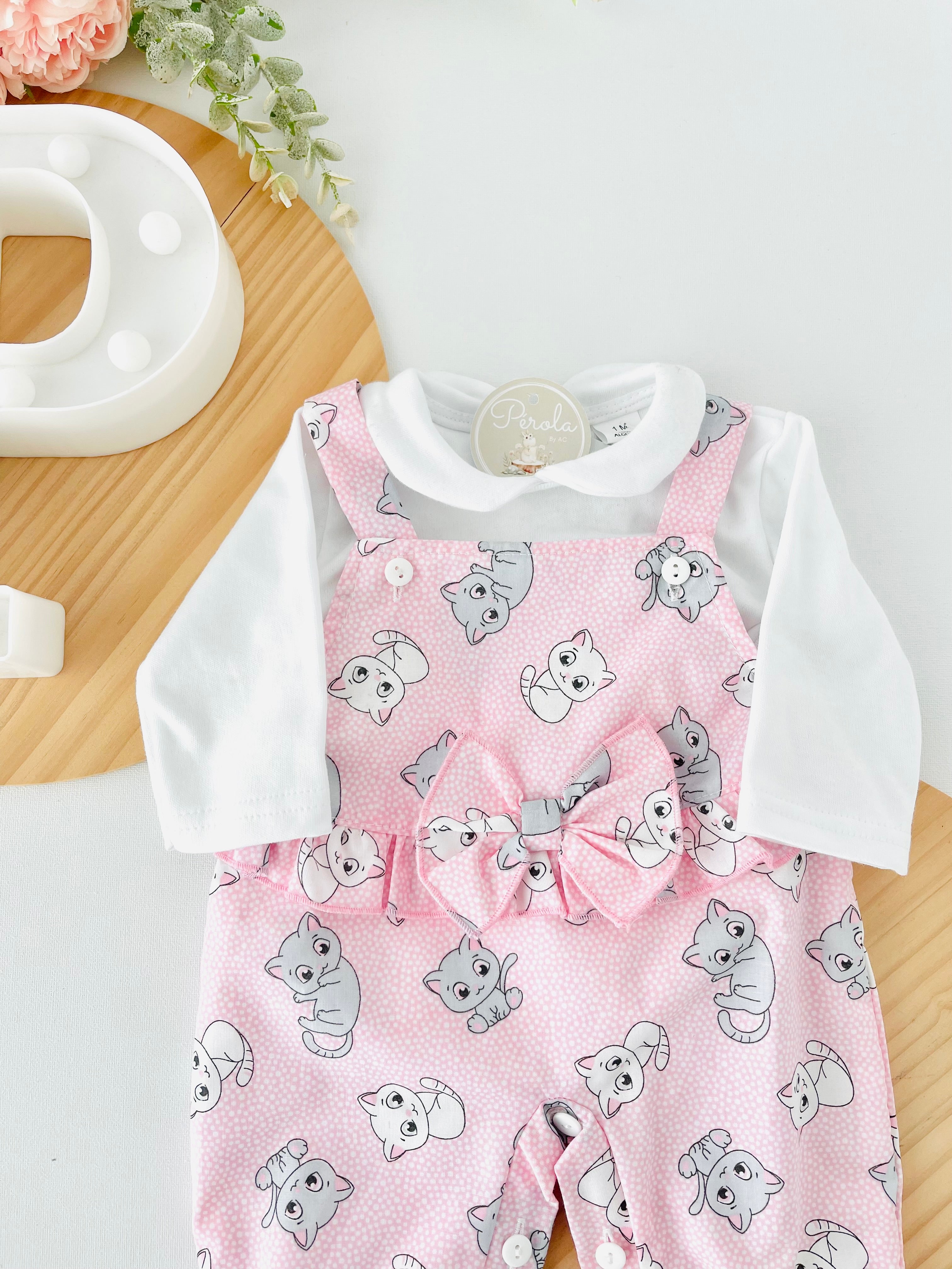 Conjunto gatinhos: Jardineiras e camisola